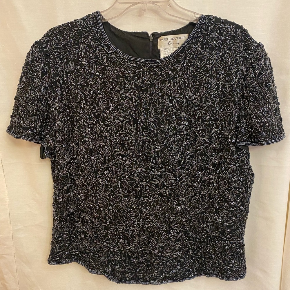 Papell Boutique Black and Silver Embroidered Blouse